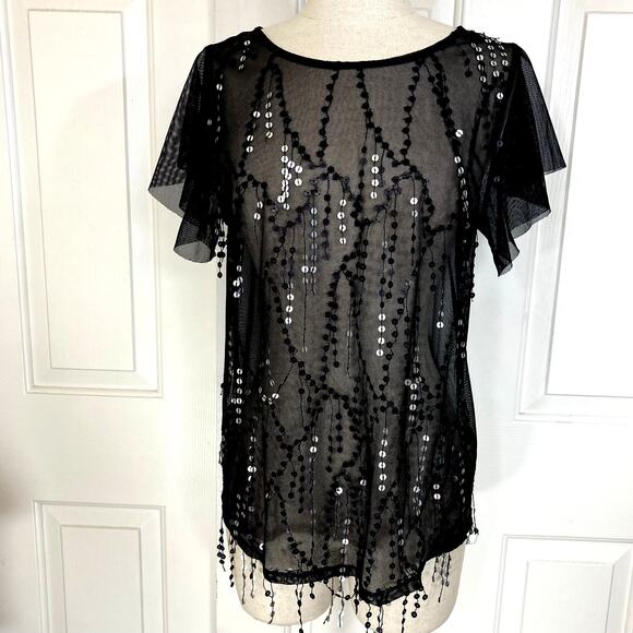Vince Camuto Black sequin top, New mesh sequin fringe flutter sleeve top - Picture 2 of 8